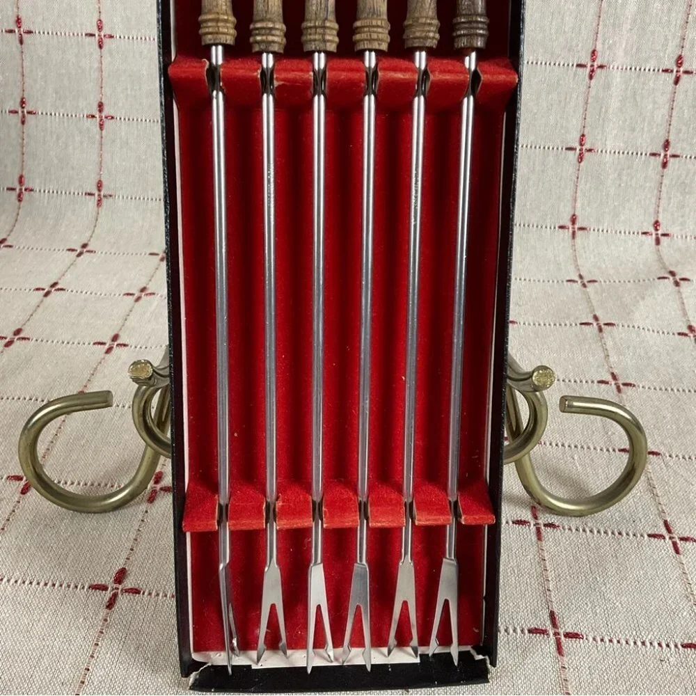 Vtg Japan Styson Fondue Fork Skewers Set Teak Wood Rainbow Ends Colored Ends